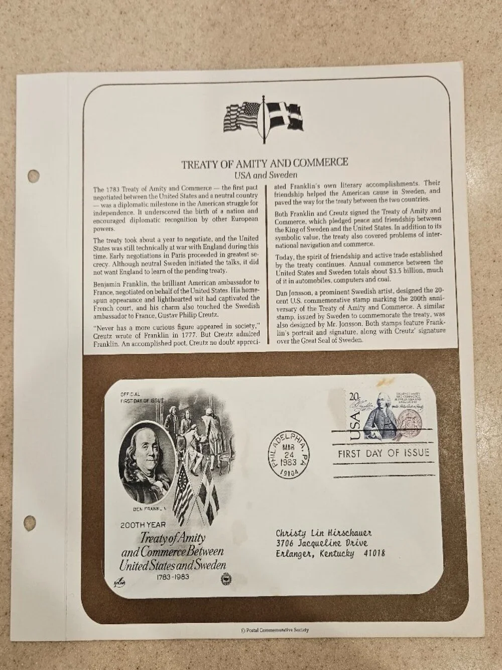 RARE COLLECTIBLE USPS 1ST DAY ISSUE COVER TREATY AMITY & COMMERCE SWEDEN STAMP